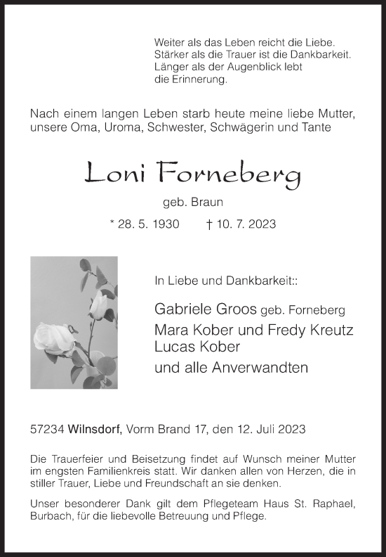 Traueranzeige von Loni Forneberg von Siegener Zeitung