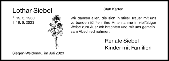 Traueranzeige von Lothar Siebel von Siegener Zeitung