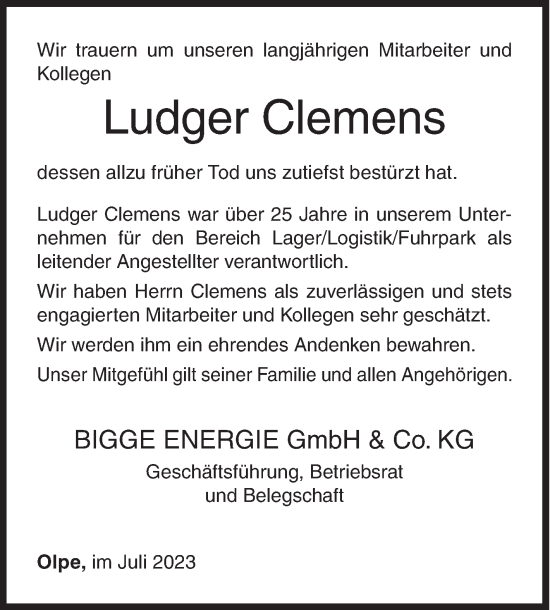 Traueranzeige von Ludger Clemens von Siegener Zeitung