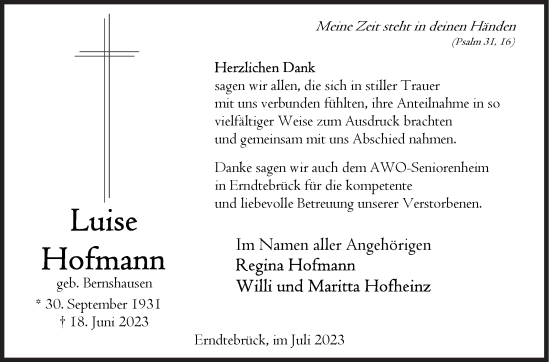 Traueranzeige von Luise Hofmann von Siegener Zeitung