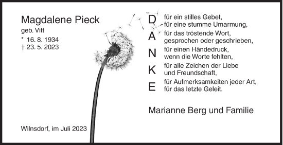 Traueranzeige von Magdalene Pieck von Siegener Zeitung