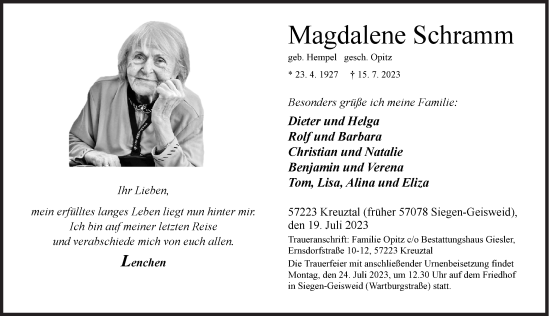 Traueranzeige von Magdalene Schramm von Siegener Zeitung