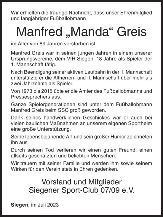 Traueranzeige von Manfred Greis von Siegener Zeitung