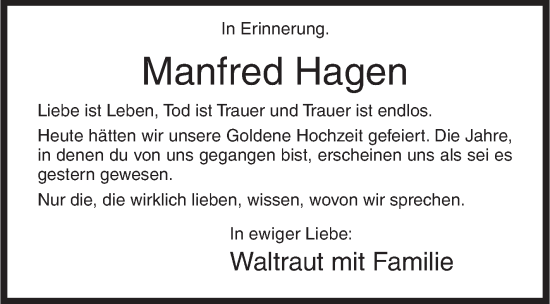 Traueranzeige von Manfred Hagen von Siegener Zeitung