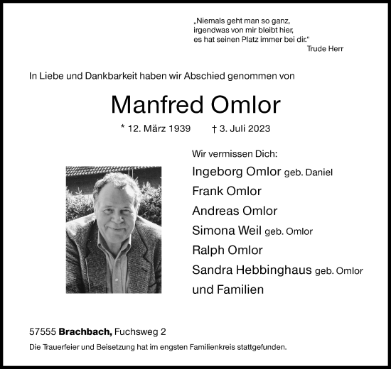 Traueranzeige von Manfred Omlor von Siegener Zeitung