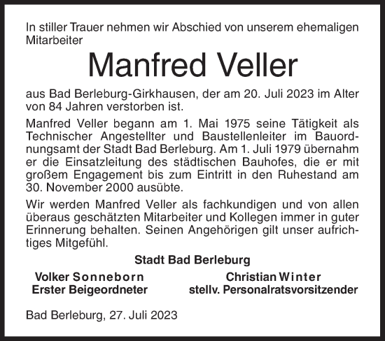 Traueranzeige von Manfred Veller von Siegener Zeitung
