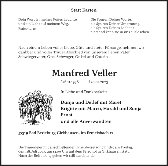 Traueranzeige von Manfred Veller von Siegener Zeitung