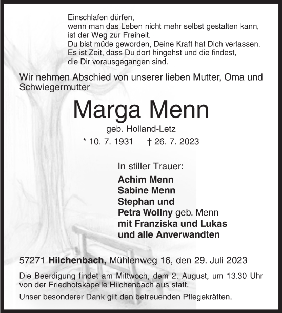 Traueranzeige von Marga Menn von Siegener Zeitung