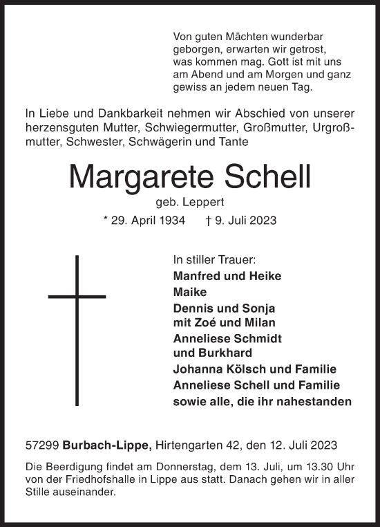 Traueranzeige von Margarete Schell von Siegener Zeitung