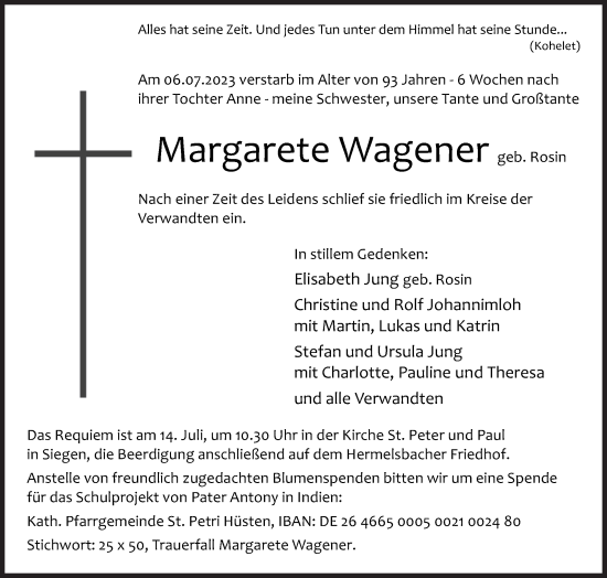 Traueranzeige von Margarete Wagener von Siegener Zeitung