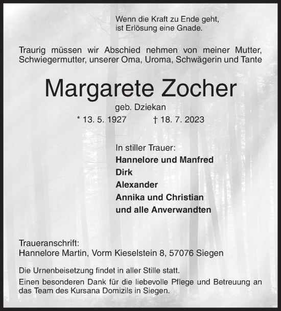 Traueranzeige von Margarete Zocher von Siegener Zeitung