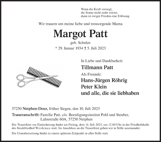 Traueranzeige von Margot Patt von Siegener Zeitung