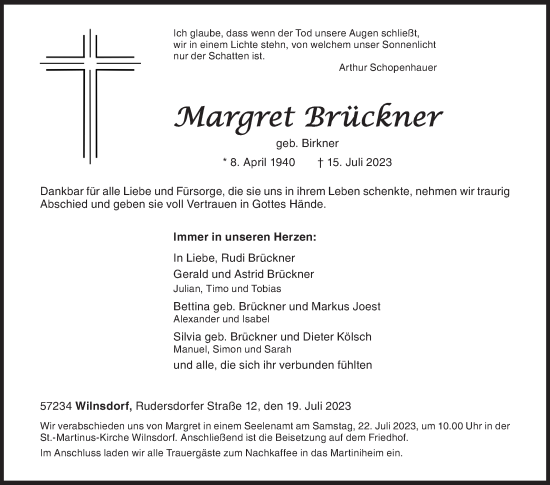 Traueranzeige von Margret Brückner von Siegener Zeitung