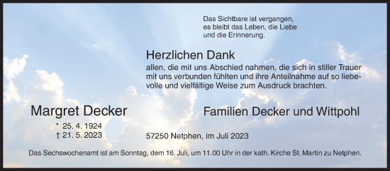 Traueranzeige von Margret Decker von Siegener Zeitung