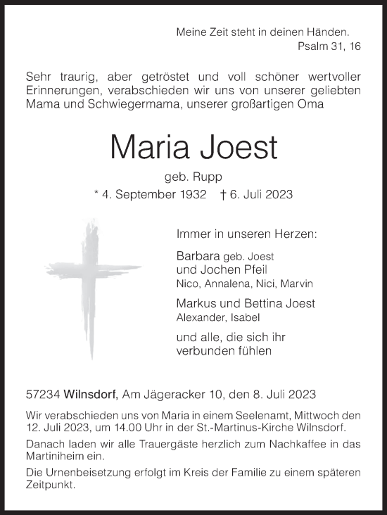 Traueranzeige von Maria Joest von Siegener Zeitung