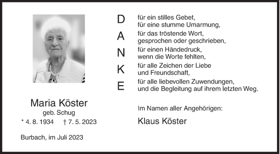 Traueranzeige von Maria Köster von Siegener Zeitung