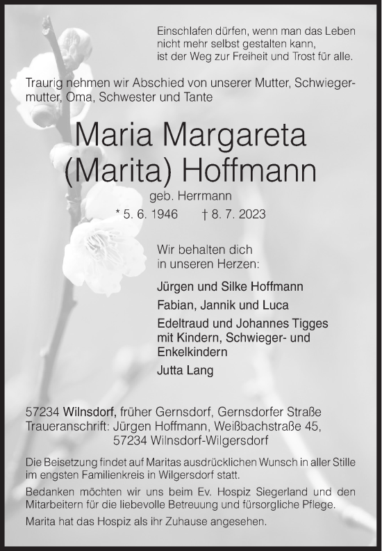 Traueranzeige von Maria Margareta Hoffmann von Siegener Zeitung