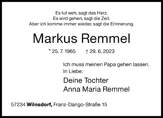 Traueranzeige von Markus Remmel von Siegener Zeitung