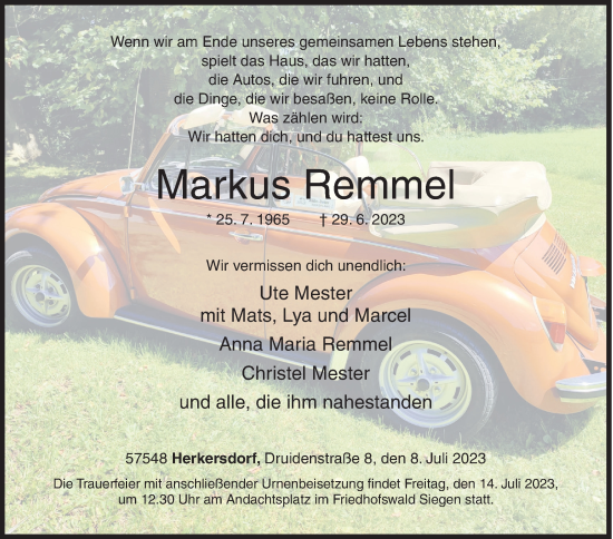 Traueranzeige von Markus Remmel von Siegener Zeitung