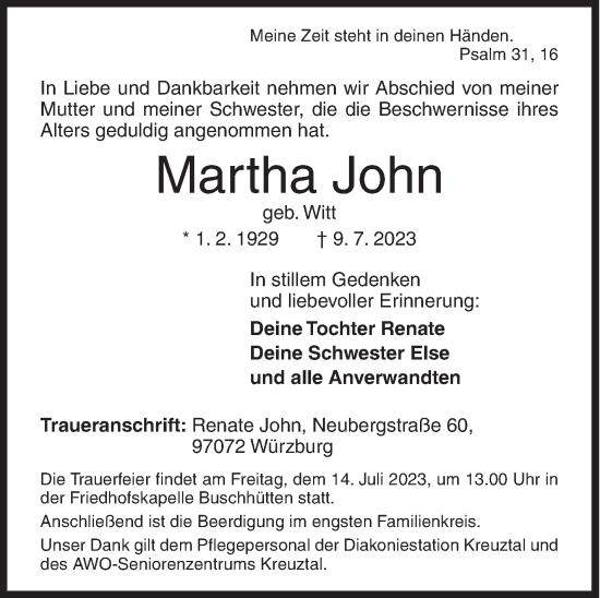 Traueranzeige von Martha John von Siegener Zeitung