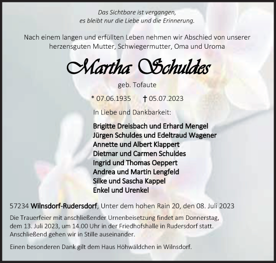 Traueranzeige von Martha Schuldes von Siegener Zeitung