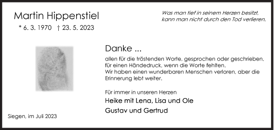 Traueranzeige von Martin Hippenstiel von Siegener Zeitung