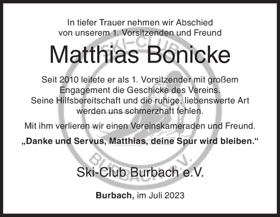 Traueranzeige von Matthias Bonicke von Siegener Zeitung