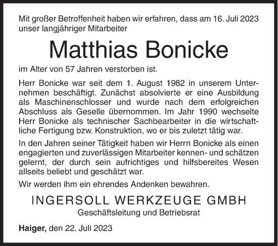 Traueranzeige von Matthias Bonicke von Siegener Zeitung