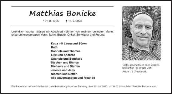 Traueranzeige von Matthias Bonicke von Siegener Zeitung