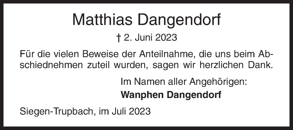  Traueranzeige für Matthias Dangendorf vom 01.07.2023 aus Siegener Zeitung