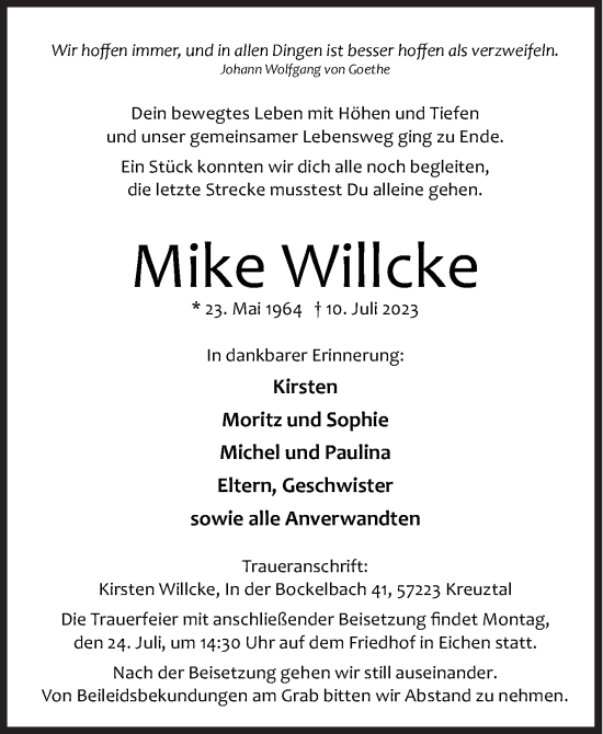 Traueranzeige von Mike Willcke von Siegener Zeitung