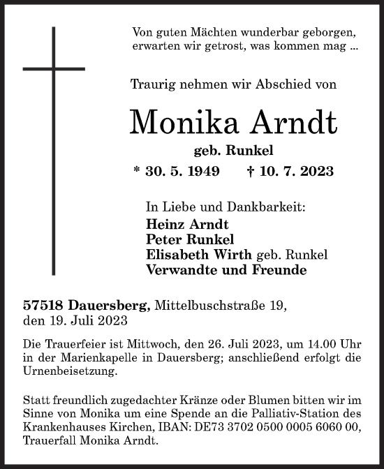 Traueranzeige von Monika Arndt von Siegener Zeitung