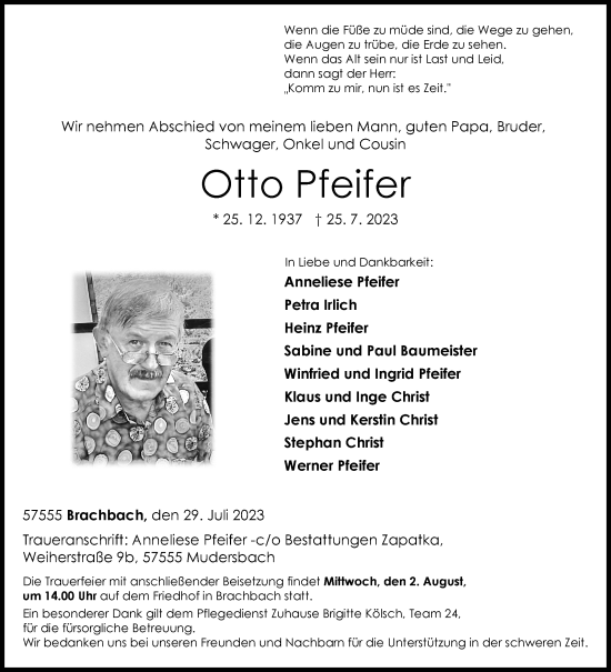 Traueranzeige von Otto Pfeifer von Siegener Zeitung