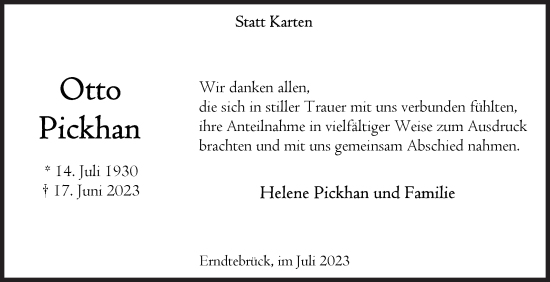 Traueranzeige von Otto Pickhan von Siegener Zeitung