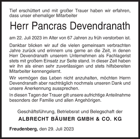 Traueranzeige von Pancras Devendranath von Siegener Zeitung