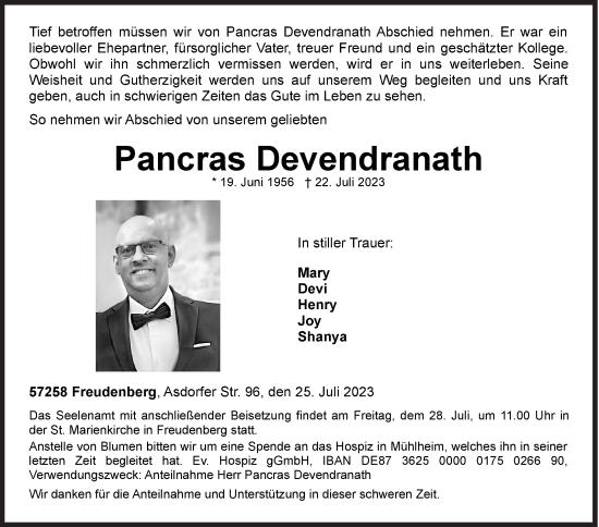 Traueranzeige von Pancras Devendranath von Siegener Zeitung