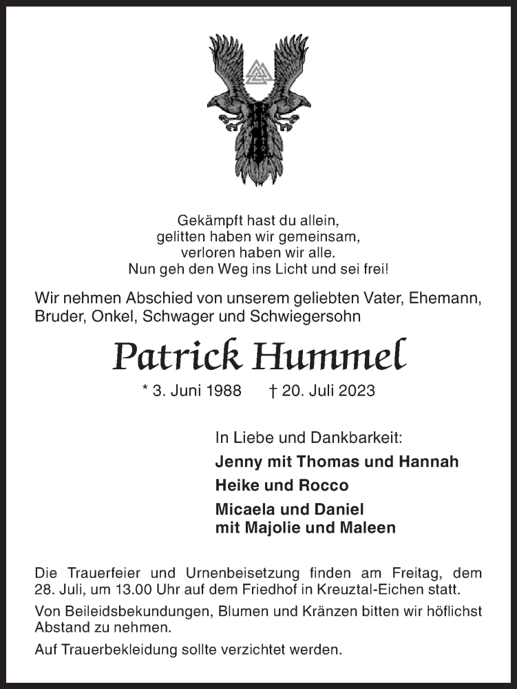  Traueranzeige für Patrick Hummel vom 25.07.2023 aus Siegener Zeitung