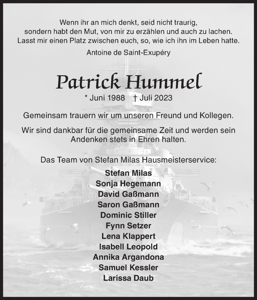  Traueranzeige für Patrick Hummel vom 25.07.2023 aus Siegener Zeitung