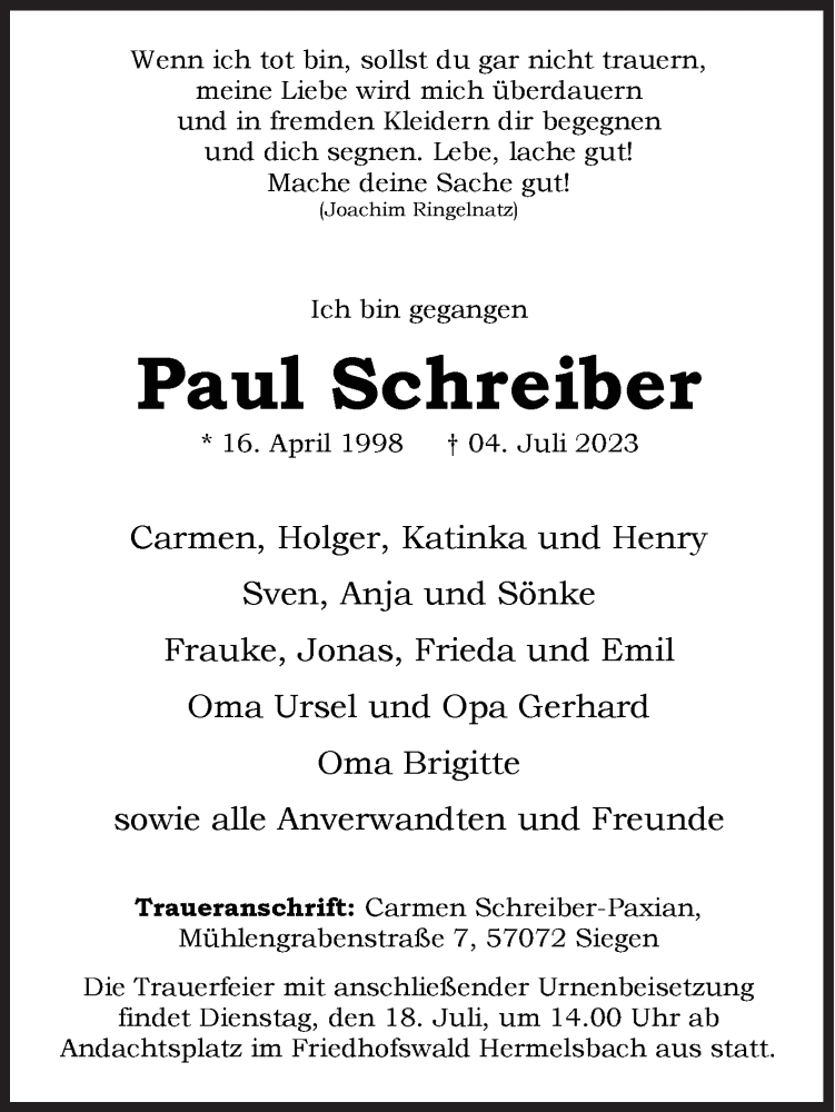  Traueranzeige für Paul Schreiber vom 12.07.2023 aus Siegener Zeitung