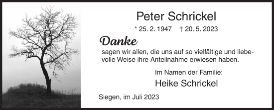 Traueranzeige von Peter Schrickel von Siegener Zeitung