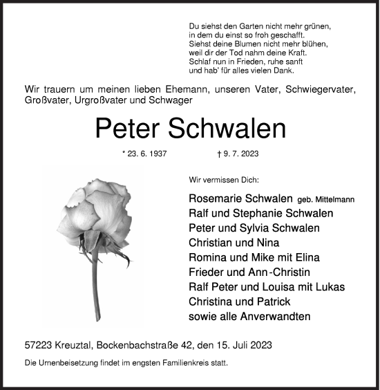 Traueranzeige von Peter Schwalen von Siegener Zeitung