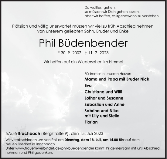 Traueranzeige von Phil Büdenbender von Siegener Zeitung