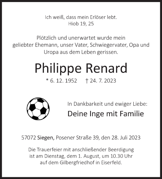Traueranzeige von Philippe Renard von Siegener Zeitung