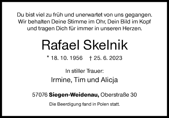 Traueranzeige von Rafael Skelnik von Siegener Zeitung