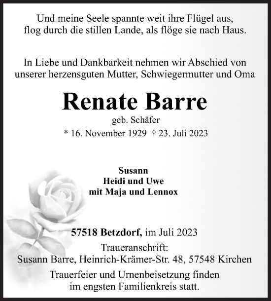 Traueranzeige von Renate Barre von Siegener Zeitung