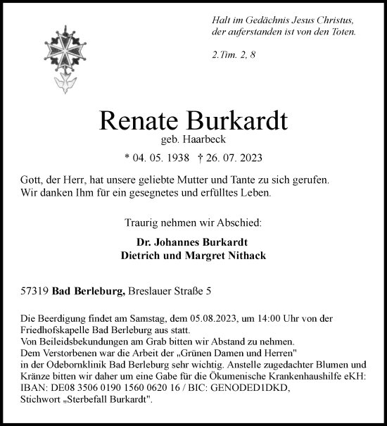 Traueranzeige von Renate Burkardt von Siegener Zeitung