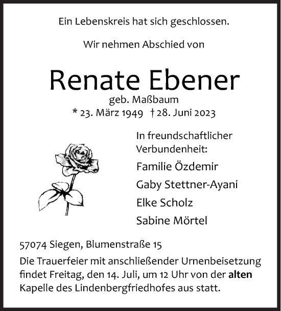 Traueranzeige von Renate Ebener von Siegener Zeitung