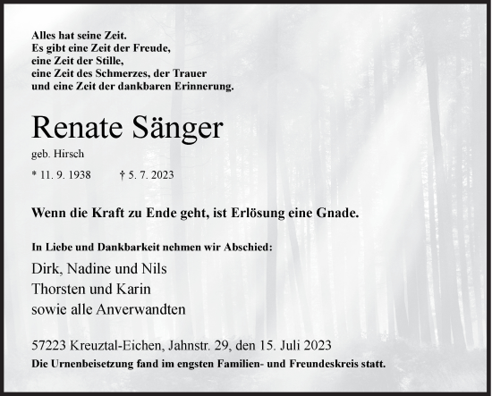 Traueranzeige von Renate Sänger von Siegener Zeitung