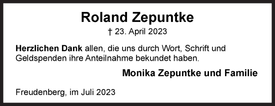Traueranzeige von Roland Zepuntke von Siegener Zeitung