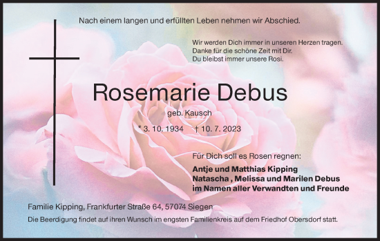 Traueranzeige von Rosemarie Debus von Siegener Zeitung